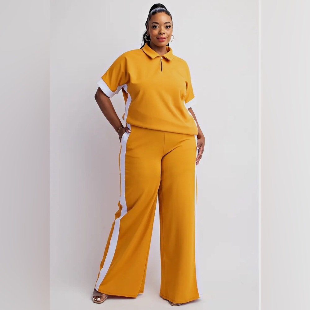 Dani Plus Mustard & White Techno Knit Pant Set